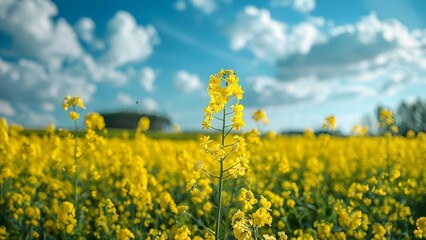 Wall Mural - Landscape with blooming rapeseed and canola plants a source of biofuel. Concept Agriculture, Biofuel, Landscapes, Nature, Sustainability