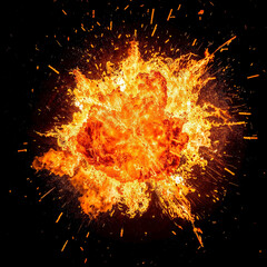 Sticker - Dramatic fiery explosion erupts from a rock against a dark background, AI-generated.