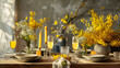 Beautiful table setting with mimosa flowers and candle