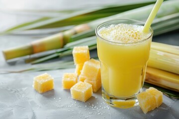 Glass of freshly squeezed sugarcane juice with chopped cane pieces on a light background