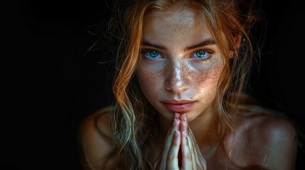 Close-up of the face of a beautiful religious woman praying on a dark background.