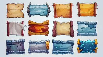 Poster - 2D modern set with 2d game characters, scrolls, stone boards, antique parchments and cartoon menus. User panel with settings, options and adventure icons.