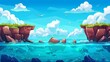 Ocean or sea nature 2D landscape with shallows or land with rocks under fluffy clouds and flying gulls. Seascape with separated layers for games, Cartoon modern illustration.
