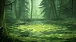 A parallax background swamp in the forest, a 2D landscape where a pond is oozy. An interface or wallpaper with cartoon nature illustrations. A computer adventure game, a fantasy mystic wild lake, or