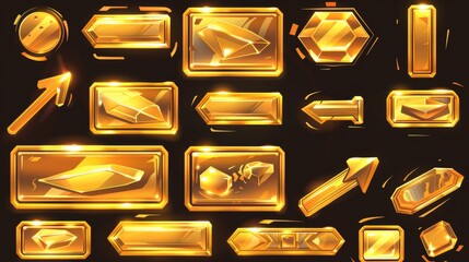 Poster - golden game tablets, buttons, cartoon menu interface golden keys, yellow metal boards, frames, arrow