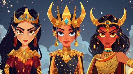 A gold crown, demon with horns, fire, and Egyptian goddess on a sky with stars with Cleopatra and the devil girl. Modern cartoon set of female characters, princess in gold crown, demon with horns and