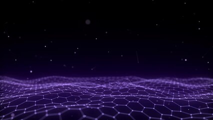 Poster - futuristic hexagon wave. dark cyberspace. abstract wave with dots and line. purple moving particles 