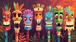 Tiki masks cartoon landing page, tribal wooden totems, Hawaiian, African, Polynesian cultural attributes, scary faces, decorated ancient wood disguise modern web banner.