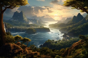 Wall Mural - Beautiful Brazil landscape with bay, mountains and waterfall on sunset. Sky is cloudy. Birds flying in sky. Generative ai.