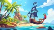 In this cartoon illustration, a pirate ship is moored on a secret island, with a funny parrot wearing a corsair cocked hat at the ocean's edge. The scene is taken from a novel or game where the