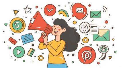 Poster - smm, social media marketing concept with woman holding megaphone and internet advertising symbols. d