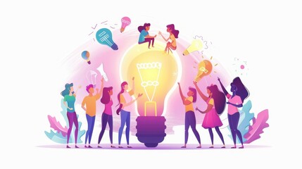 Poster - teamwork for search success business solution. modern flat illustration with group of characters.
