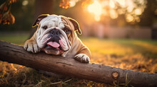 Portrait Of FunnyEnglish Bulldog With Wooden Stick