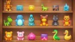 Various children's toys displayed on a wooden shelf: tiger, bear, bunny, dinosaur, giraffe, piggy bank, smiling ball, robot dog, and building blocks, rubber ducks, and cubes for children to play