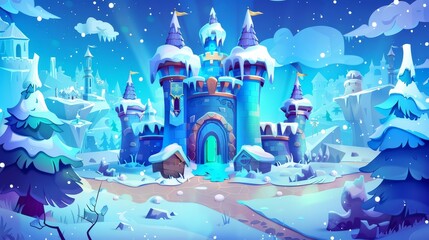 Sticker - The magic portal with a fairytale castle in blue glow. Modern cartoon fantasy illustration, a winter landscape with snow, trees, a road, and a wonderful portal with a palace.
