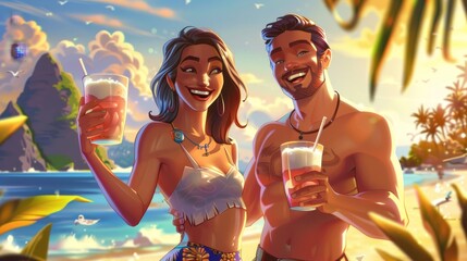 Wall Mural - A cute cartoon poster showing a smiling woman holding coconut drinks and a barman's wipe cup at a cocktail party. Modern ad cards for an exotic Hawaiian beach resort bar.