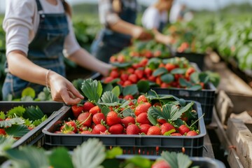 Wall Mural - Farm Workers Harvesting Strawberries in the Field. Workers picking fresh ripe fruit.