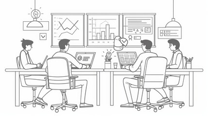 Poster - An analyst team analyzes data charts as part of a business concept. People in the office gather statistics and create graphs and diagrams of sales management operational reports.