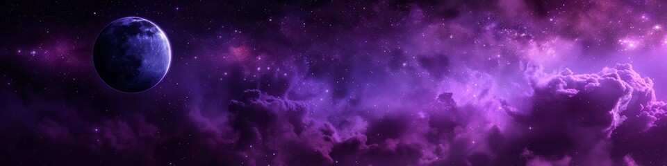 Wall Mural - Purple space background featuring clouds and various planets in a cosmic wonder scene. Background. Wallpaper. Copy space, banner.