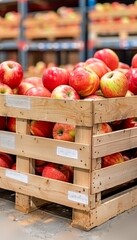 Wall Mural - Fresh organic ripe apples in wooden crates at warehouse with blurred background and space for text