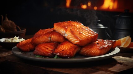 Wall Mural - Delicious grilled salmon steak on a plate in the restaurant kitchen room.