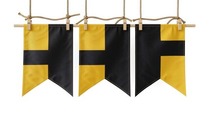 Poster - A modern realistic mockup of 3D canvas posters, textile pennons, and a square vinyl banner with ropes.
