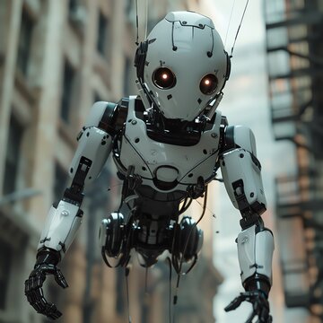 Craft a wide-angle view of futuristic technologies integrated with marionette puppets, blending CG 3D with photorealistic elements Show dynamic, unexpected camera angles to capture the enchanting fusi