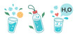 Drink more water concept, drinking water in drinking glass, glass bottle. Correct daily habits, morning rituals, detox. Zero waste. Hand drawn Vector illustration.