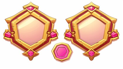 Poster - The UI game frames have gold textured round, square, hexagonal borders. These are cute cartoon graphics for medieval rpg games or apps. Modern illustration set.