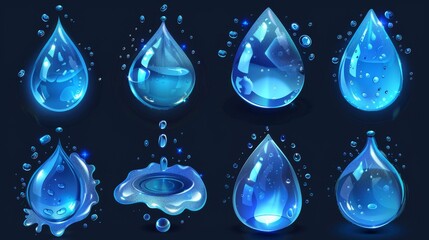 Poster - Modern realistic set of pure aqua liquid flows, condensation on cool surface, isolated water drops, dew or dripping raindrops.