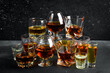 A set of glasses with various alcoholic beverages: vodka, cognac, tequila, scotch, brandy and whiskey, grappa, liqueur, vermouth, tincture, rum. Strong alcoholic drinks. On a stone background.