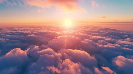 Wall Mural - Beautiful sunset cloudy sky from aerial view. Airplane view above clouds