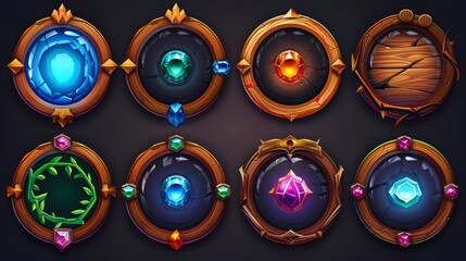 Poster - UI textured medieval jagged metal and wooden borders for avatars. Cartoon empty bordering with gemstones, isolated fantasy graphic design gui elements.