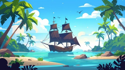 Wall Mural - A pirate ship with black sails sailing through a lagoon surrounded by jungle and a wooden corsair fishing vessel on the water - modern illustration. This tropical island shore landscape features