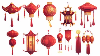 Wall Mural - The traditional red lanterns of the Chinese New Year celebration. A modern set of Oriental paper lamps with gold ornament and tassels.