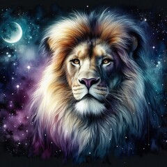 A majestic and colorful lion painted in watercolor against a dark background