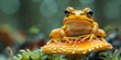 painting capturing the serene moment of a frog perched atop a mushroom, the vibrant colors of