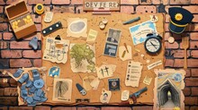 A Detective Board Displaying Evidence Of A Crime. A Police Investigation Plan. A Modern Cartoon Set Of Cork Pin Boards With A Picture Of A Suspect And Missing People, A Car Plate, Fingerprints And A