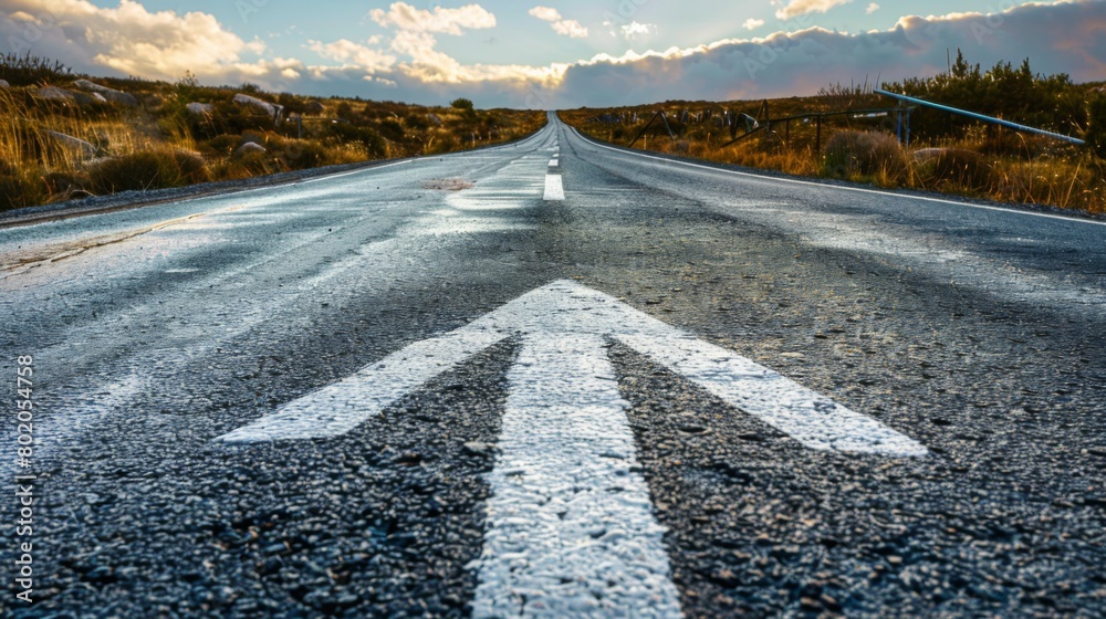 An asphalt road stretches into the distance with a painted white arrow ...