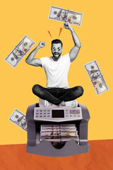 Sticker - Sketch image trend artwork collage of young man boss office manager financier yes fist up get money growth dollar usd cash sit on printer