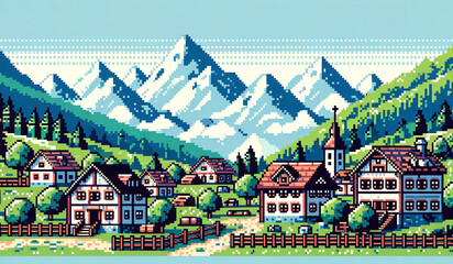 Poster - beautiful scene village with background mountain and forest pixel art illustration