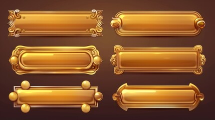 Poster - A golden game UI frame, buttons or banners with golden ornaments, empty royal gui bars for a game or arcade. Glossy borders, web design interface bars, cartoon 3D modern illustrations.