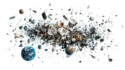 Wall Mural - Space Debris Isolated on White Background. Dangerous Junk Orbiting Earth - A Concept of Trash and Debris in Space