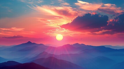 Wall Mural - Epic sunset landscape sky with big bright sun going behind the mountains