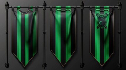 Poster - Flags and banners on pole in green and black vinyl with realistic modern template of fabric promotion posters and advertising striped canvas pennants.