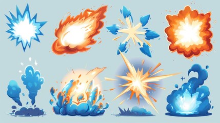 Wall Mural - Set of cartoon blast effects for 2D game animation with blue smoke clouds and magic explosions.