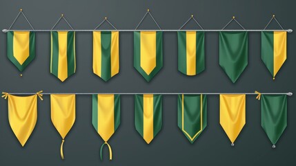 Poster - Modern realistic template of fabric promotion posters, advertising striped canvas pennants hanging on metal frames with stands.