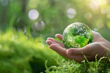 Wall Mural - Hand Holding a Green Globe in Natural Setting
