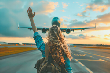 Wall Mural - A woman with long hair is waving at an airplane on the runway. Concept of excitement and anticipation for her upcoming journey