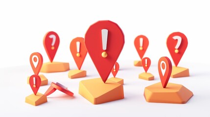 Poster - Location tags, map pins, exclamation point icon, red geo markers, 3D map pointers isolated on white background, render illustration. 3D illustration.